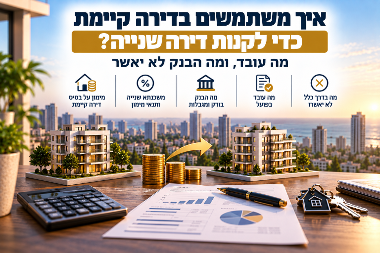 איך משתמשים בדירה קיימת כדי לקנות דירה שנייה? מה עובד, ומה הבנק לא יאשר אפשר להשתמש בדירה קיימת כדי לקנות דירה שנייה, אבל לא בדרך שרוב האנשים חושבים. לפי הוראות המפקח על הבנקים, בנק לא רשאי לתת הלוואה שמיועדת לשמש הון עצמי לרכישת דירה, גם אם משעבדים לו את הדירה הקיימת. הדרכים שנשארות: הלוואה מגוף חוץ-בנקאי בשעבוד דרגה שנייה, מכירה של הדירה הקיימת (עם הלוואת גישור למשפרי דיור), או קנייה של שתי דירות מהכסף שמשתחרר במכירה. לכל דרך יש מחיר אחר, ולכן ההחלטה מתחילה במספרים ולא בבנק. עיקרי הדברים בנק לא רשאי לממן את ההון העצמי לדירה נוספת. הכלל הזה בתוקף מאוקטובר 2021, והוא חוזר גם במסמך השאלות והתשובות של בנק ישראל מפברואר 2026. הלוואה לכל מטרה בשעבוד דירה מותרת עד 50% משווי הנכס, ועד 70% כשהחלק שמעל 50% לא עולה על 200,000 ₪. אבל היא לא אמורה לשמש הון עצמי לדירה. משכנתא על דירה שנייה מוגבלת ל-50% מהמחיר, ומס הרכישה הוא 8% מהשקל הראשון, עד 6,055,070 ₪. מ-1 באוקטובר 2026 יחס ההחזר נבדק על כל האשראי שמשועבד על אותו נכס, ולא על כל הלוואה בנפרד. אצל רונית ואלון, הלוואה חוץ-בנקאית של כ-425,000 ₪ בריבית 9% עולה כ-3,190 ₪ בחודש, בזמן שהשכירות מכסה בערך את המשכנתא על הדירה החדשה. סדר הרכישות קובע את מס הרכישה: מי שמוכר וקונה שתי דירות וקונה קודם את דירת ההשקעה, עלול לשלם כ-64,000 ₪ יותר. הבהרה: המאמר נכתב על ידי פאוור קאפל ומציג גם את השירות שלה. הנתונים מבוססים על הוראות בנק ישראל, על החקיקה ועל פרסומים פומביים, נכון לאוקטובר 2026. המאמר אינו ייעוץ משכנתאות, ייעוץ מס או ייעוץ השקעות. לפני החלטה על מימון יש להיעזר ביועץ משכנתאות ובעורך דין. מה הבנק מאפשר, ומה הוא לא מאפשר, כשכבר יש לכם דירה? הדבר הראשון שצריך לדעת: הדירה הקיימת היא לא כספומט. סעיף 2.6 במסמך השאלות והתשובות של המפקח על הבנקים קובע שבנק לא רשאי להעמיד ללווה הלוואה נוספת "המיועדת לשמש הון עצמי" לרכישת דירה. כל אשראי אחר צריך להיות נפרד מהרכישה, ולעבור את הבדיקות הרגילות של הבנק. ההוראה נכנסה לתוקף ב-6 באוקטובר 2021, והיא פוגעת בעיקר במשקיעים שרוצים להחזיק שתי דירות. יש לה שני חריגים בלבד: מה רוצים לעשות מה מותר בבנק התנאים להחליף דירה (משפרי דיור) הלוואת גישור בשעבוד הדירה הקיימת סך ההלוואות על הדירה עד 50% משוויה, ולא יותר ממה שחסר לרכישה. עד 24 חודשים לקבל עזרה מהמשפחה הלוואה בשעבוד דירה של קרוב מדרגה ראשונה נחשבת הלוואה לכל מטרה, עד 50% משווי הדירה המשועבדת לממן הון עצמי לדירה נוספת מהדירה שלכם לא מותר בבנק ההון צריך להגיע ממקור אחר לקחת הלוואה לכל מטרה מותר, אבל לא כהון עצמי לדירה עד 50% משווי הנכס, ועד 70% עם תוספת של עד 200,000 ₪ ומה עם הלוואה לכל מטרה? בתחילת 2026 בנק ישראל עיגן בהוראה הקבועה שלו את ההקלה מתקופת המלחמה: עד 70% משווי הנכס, כשהחלק שמעל 50% לא עולה על 200,000 ₪ במצטבר. דירה ששווה 2,000,000 ₪ עם יתרת משכנתא של 500,000 ₪ יכולה לשאת עד 1,200,000 ₪ אשראי בסך הכול. החישוב המלא של מינוף דירה קיימת והתקרה של 50% ועוד 200 אלף חשוב למי שצריך את הכסף למטרה אחרת. אבל הבנק שואל למה הכסף מיועד, ואם המטרה היא הון עצמי לדירה נוספת, ההלוואה לא תאושר למטרה הזו. ההגבלה הזו היא בדיוק הסיבה שפתרונות מימון נדל"ן למשקיעים נראים היום אחרת מאשר לפני 2021. אילו דרכים נשארו להשתמש בדירה הקיימת? הדרך איך הדירה הקיימת עוזרת עלות למי זה מתאים הלוואה חוץ-בנקאית בשעבוד דרגה שנייה משמשת בטוחה להון העצמי גבוהה: לרוב כ-7.5% עד 12% בשנה מי שיש לו תזרים חודשי חזק ותוכנית יציאה מכירה והחלפה עם הלוואת גישור ההון ממנה עובר לדירה החדשה נמוכה יחסית, ריבית בנקאית משפרי דיור, לא מי שרוצה שתי דירות מכירה וקנייה של שתי דירות ההון ממנה מתחלק בין בית להשקעה עלויות מכירה ומס רכישה מי שמוכן לעבור לגור באזור זול יותר מיחזור המשכנתא הקיימת מוריד את ההחזר החודשי ומפנה מקום ביחס ההחזר עמלות פירעון מוקדם, אם יש מי שהבעיה שלו היא ההכנסה, לא ההון פיצול הדירה הקיימת יוצר יחידה שנייה להשכרה באותו נכס שיפוץ והיתר מי שהדירה שלו מתאימה תכנונית רוב המשקיעים שמחזיקים דירה ורוצים שנייה, בלי למכור, מגיעים לדרך הראשונה. לכן מתחילים בה. דרך 1: הלוואה חוץ-בנקאית בשעבוד דרגה שנייה גופים חוץ-בנקאיים לא כפופים להוראה של המפקח על הבנקים. הם מלווים כנגד שעבוד דרגה שנייה על הדירה הקיימת, בדרך כלל עד כ-70% משוויה כולל המשכנתא שכבר רשומה עליה. הכסף משמש הון עצמי, והבנק נותן משכנתא של עד 50% על הדירה החדשה. מה צריך לדעת לפני: הבנק שמחזיק במשכנתא הראשונה צריך להסכים לשעבוד השני. בלי מכתב הסכמה אין עסקה. הריבית גבוהה, והתקופה קצרה. הרבה הלוואות כאלה בנויות כהלוואת בלון: משלמים ריבית בלבד, והקרן חוזרת בסוף. יכולות להיות עמלות יציאה, גם במסלול צמוד פריים. הבנק יספור את ההחזר על ההלוואה החוץ-בנקאית ביחס ההחזר כשיבדוק את המשכנתא על הדירה החדשה. את מקור ההון העצמי מציגים לבנק בגלוי. איך בדיוק עובד שעבוד דרגה שנייה על דירה קיימת, ומה ההבדל בינו לבין משכנתא רגילה, זו השאלה הראשונה לשאול כל גוף מממן. כמה זה עולה בפועל? הדוגמה של רונית ואלון רונית ואלון גרים בחיפה בדירה ששווה 2,000,000 ₪, עם יתרת משכנתא של 500,000 ₪ והחזר של 3,000 ₪ בחודש. ההכנסה הפנויה שלהם היא 24,000 ₪ נטו, ויש להם 150,000 ₪ בחסכונות. הם רוצים דירת 3 חדרים יד שנייה בקריית אתא ב-950,000 ₪. רכיב סכום מחיר הדירה 950,000 ₪ משכנתא בנקאית (50%) 475,000 ₪ הון עצמי למחיר 475,000 ₪ מס רכישה (8%) 76,000 ₪ עורך דין, תיווך, שמאי ויועץ (כ-2.5%) כ-24,000 ₪ סך ההון הנדרש כ-575,000 ₪ מתוכו מחסכונות 150,000 ₪ מתוכו בהלוואה חוץ-בנקאית כ-425,000 ₪ התזרים החודשי: רכיב חודשי סכום שכירות צפויה כ-2,550 ₪ משכנתא על הדירה החדשה (30 שנה, 5%) כ-2,550 ₪ ריבית בלבד על ההלוואה החוץ-בנקאית (9%) כ-3,190 ₪ הפער שיוצא מהמשכורת כ-3,190 ₪, לפני תחזוקה ותקופות בלי שוכר השכירות של כ-2,550 ₪ מבוססת על טווח של 2,400 עד 2,700 ₪ לדירות 3 חדרים יד שנייה בעיר. מי שרוצה לבדוק את הטווח לבד יכול להיעזר במחירון הדירות להשקעה בקריית אתא. יחס ההחזר: 3,000 + 2,550 + 3,190 = 8,740 ₪, כ-36% מההכנסה. זה בתוך תקרת ה-50% של בנק ישראל, אבל רחוק מלהיות נוח. מה הם למדו: הדירה החדשה כמעט מממנת את עצמה, וההלוואה החוץ-בנקאית היא העלות האמיתית. בשלוש שנים הם ישלמו עליה כ-115,000 ₪ ריבית, והקרן של 425,000 ₪ עדיין תחכה להם. לכן תוכנית יציאה היא חלק מהעסקה, לא נספח: חיסכון שנבנה בתקופת ההלוואה, או מכירה של נכס. על מימון מחדש בבנק לא כדאי לבנות. לפי בנק ישראל, הלוואה למיחזור מסווגת לפי המטרה של ההלוואה המקורית, ובנק עשוי לסרב למחזר הלוואה ששימשה הון עצמי. השכירות עצמה לא תעלה להם מס. היא נמוכה בהרבה מתקרת הפטור של 5,654 ₪ בחודש, ואיך בדיוק עובד מס על השכרת דירה כדאי לבדוק כשיש יותר מנכס אחד מושכר. את המסלול הזה בדיוק, עם כל ששת המקורות האפשריים להון, אפשר להשוות במדריך לקניית דירה שנייה ללא הון עצמי. דרך 2 ו-3: למכור את הדירה הקיימת דרך 2 היא החלפה. מי שמוכר דירה וקונה אחרת במקומה מוגדר "משפר דיור". הבנק יכול לתת לו הלוואת גישור בשעבוד הדירה הקיימת, כל עוד סך ההלוואות עליה לא עולה על 50% משוויה, לתקופה של עד 24 חודשים. בדירה מקבלן הבנק רשאי להאריך עד 12 חודשים אחרי קבלת החזקה. זו דרך טובה להחליף בית, אבל בסופה יש עדיין דירה אחת. דרך 3 היא מכירה וקנייה של שתי דירות. כאן ההון שמשתחרר מהדירה היקרה מתחלק לשניים: בית למגורים ודירה להשקעה. זה מתאים בעיקר למי שגר באזור יקר ומוכן לעבור. הדוגמה של מיכל ויואב: הם גרים בדירה ששווה 2,800,000 ₪ במרכז, עם יתרת משכנתא של 700,000 ₪ והחזר של כ-4,090 ₪ בחודש. שלב סכום מחיר מכירה 2,800,000 ₪ פחות: סילוק המשכנתא 700,000 ₪ פחות: תיווך ועורך דין (כולל מע"מ) כ-82,600 ₪ הון פנוי אחרי המכירה כ-2,017,400 ₪ בית: דירת 4 חדרים חדשה בקריית אתא ב-1,750,000 ₪, משכנתא 700,000 ₪ הון של כ-1,094,000 ₪, כולל כ-2.5% עלויות השקעה: דירת 3 חדרים ב-950,000 ₪, משכנתא 50% הון של כ-575,000 ₪, כולל מס רכישה ועלויות רזרבה שנשארת כ-349,000 ₪ התוצאה: אותו החזר משכנתא על הבית (כ-4,090 ₪), דירה שנייה שהשכירות שלה מכסה את המשכנתא שלה, ורזרבה של כמעט 350,000 ₪. המחיר: מעבר דירה, עלויות מכירה ו-76,000 ₪ מס רכישה על דירת ההשקעה. המלכודת: סדר הרכישות. מס רכישה נקבע לפי מה שבבעלותכם ביום הקנייה. מיכל ויואב קונים קודם את הבית, כשאין להם דירה אחרת, ומשלמים 0% מס רכישה, כי המחיר נמוך מ-1,978,745 ₪. אחר כך הם קונים את דירת ההשקעה ומשלמים 8%. אם היו קונים קודם את דירת ההשקעה, היא הייתה פטורה, אבל הבית היה נחשב דירה נוספת ומס הרכישה עליו היה כ-140,000 ₪. כלומר, כ-64,000 ₪ יותר רק בגלל הסדר. דרך 4: מיחזור המשכנתא כדי לפנות מקום ביחס ההחזר לפעמים ההון קיים, והבעיה היא ההכנסה. בנק ישראל מגביל את ההחזר החודשי ל-50% מההכנסה, ומ-1 באוקטובר 2026 התקרה חלה על כל האשראי שמשועבד על אותו נכס. הבנק כבר לא בודק הלוואה חדשה מול "מה שנשאר" אחרי המשכנתא הקיימת. הוא מחבר את כל ההחזרים ובודק את הסכום. מה זה אומר בפועל: משפחה עם הכנסה של 20,000 ₪, משכנתא של 6,000 ₪ ובקשה להלוואה של 4,500 ₪ בחודש תגיע ל-52.5% ותידחה. לכן כדאי להתחיל באישור עקרוני למשכנתא, שמראה כמה הבנק מוכן לאשר כשכל ההחזרים מחוברים. מיחזור יכול להוריד את ההחזר החודשי, למשל בהארכת התקופה או בשינוי המסלולים. איך מיחזור משכנתא משפיע על הריבית הכוללת ועל עמלות הפירעון המוקדם, זה החישוב שעושים לפני שמחליטים. חשוב לזכור: הארכת תקופה מורידה את ההחזר אבל מגדילה את סך הריבית. היא שווה את זה רק אם הדירה השנייה מכניסה יותר ממה שהיא עולה לאורך זמן. דרך 5: פיצול הדירה הקיימת יש מי שלא קונים דירה שנייה, אלא יוצרים אותה בתוך הדירה הקיימת: מחלקים דירה גדולה לשתי יחידות ומשכירים אחת מהן. זה לא פתרון לכל דירה. צריך התאמה תכנונית, לעיתים היתר, ובדיקה של הבית המשותף. מי שהדירה שלו גדולה מספיק יכול לבדוק את הכללים, העלויות והסיכונים של פיצול דירות לפני שהוא מחפש מימון לדירה נוספת. כמה משכנתא אפשר לקחת על דירה שנייה, וכמה מס רכישה משלמים? סוג הרוכש מימון מקסימלי מס רכישה דירה יחידה 75% 0% עד 1,978,745 ₪, ואחר כך מדרגות של 3.5% עד 10% משפרי דיור (דירה חלופית) 70% כמו דירה יחידה, אם מוכרים את הישנה בזמן דירה נוספת להשקעה 50% 8% עד 6,055,070 ₪, ו-10% מעל סכומי המדרגות מוקפאים עד 15 בינואר 2028, אבל שיעור של 8% על דירה נוספת נקבע בהוראת שעה עד סוף 2026. בגלל הבחירות היא צפויה להימשך לפחות לתחילת 2027, ולכן בודקים את השיעור ביום העסקה. על כל אחוז המימון, ומה הבנק בודק בפועל, אפשר לקרוא במדריך לאחוז מימון דירה. דירה חלופית: כמה זמן יש למכור? לפי הכללים שבתוקף באוקטובר 2026, ברכישה מיד שנייה מאז יוני 2025 צריך למכור את הדירה הקודמת תוך 24 חודשים מיום הרכישה. ברכישה מקבלן, תוך 12 חודשים ממועד המסירה שבחוזה, או מהמסירה בפועל אם היא התעכבה שלא באשמת הקונה. בעקבות המלחמה נוספו לחלק מהעסקאות שלושה חודשים, למשל 27 חודשים ברכישות יד שנייה מיוני 2025 עד מאי 2026, ולכן בודקים את המועד המדויק לפי תאריך העסקה. איך זה עובד בפועל: בדיווח לרשות המסים מצהירים שהדירה הקודמת תימכר בזמן, ומשלמים לפי מדרגות דירה יחידה. מי שמוכר באיחור נדרש לשלם את ההפרש, כולל הצמדה וריבית. איך לא לשלם מס רכישה מיותר הוא שאלה של תכנון לפני החתימה, לא אחריה. מה קורה במס שבח כשמחזיקים שתי דירות? פטור ממס שבח על דירה יחידה ניתן למי שמוכר את הדירה היחידה של התא המשפחתי, החזיק בה לפחות 18 חודשים, ולא מכר דירה אחרת בפטור ב-18 החודשים שקדמו למכירה. הפטור חל עד תקרת שווי של כ-5 מיליון ₪. כשיש שתי דירות, הפטור הזה בדרך כלל לא חל. החריג המרכזי הוא דירה חלופית: מי שקנה דירה חדשה ומוכר את הישנה בתוך 24 החודשים שאחרי הרכישה, עדיין יכול להיחשב בעל דירה יחידה לעניין הפטור. מי שמוכר אחת משתי דירות בלי פטור משלם בדרך כלל 25% מהשבח הריאלי, עם הקלות בחישוב לדירות שנקנו לפני 2014. התנאים המלאים של פטור ממס שבח על דירה יחידה קובעים לא פעם איזו דירה כדאי למכור ומתי. מתי זה לא כדאי? ✔ מתאים למי שיש לו תזרים חודשי שיכול לשאת פער של אלפי שקלים בחודש, גם אם הריבית תעלה. ✔ מתאים למי שיש לו תוכנית יציאה ברורה מההלוואה החוץ-בנקאית, עם תאריך ומקור כסף. ✔ מתאים למי שמוכן לשקול מכירה ומעבר, אם זה מה שמייצר את העסקה הנכונה. ❌ לא מתאים למי שיחס ההחזר שלו כבר קרוב ל-50%, או שההכנסה שלו לא יציבה. ❌ לא מתאים למי שבונה על עליית ערך מהירה כדי לסגור הלוואה יקרה. ❌ לא מתאים למי שאין לו רזרבה של כמה חודשי החזרים, למקרה של תקופה בלי שוכר. איך פאוור קאפל בונה את התוכנית? דין ומיק קנו את הדירה הראשונה שלהם ב-2019 עם 60,000 ₪, ומאז הם רכשו נכסים בקריות, בחיפה, בדרום, בקפריסין ובגאורגיה. רוב הלקוחות שמגיעים עם דירה קיימת שואלים את אותה שאלה: איך הופכים את ההון שתקוע בה לנכס נוסף. בליווי, ההחלטה נבנית בשלושה שלבים: מיפוי: שווי הדירה, יתרת המשכנתא, ההכנסה, יחס ההחזר והחסכונות. השוואת דרכים: חוץ-בנקאי, מכירה, מכירה וקנייה של שתיים, או מיחזור. כל דרך עם תזרים חודשי ותוכנית יציאה. בחירת הנכס: דירה שהשכירות שלה מכסה לפחות את המשכנתא עליה, באזור עם מנועי צמיחה, כמו הקריות שליד קמפוס נבידיה בקריית טבעון. מי שכבר מחזיק יותר מדירה אחת יכול לקרוא גם את המדריך להשקעה בכמה דירות, שעוסק בשלב שאחרי הדירה השנייה. שאלות נפוצות האם בנק ייתן לי משכנתא על הדירה הקיימת כדי לקנות דירה שנייה? לא כהון עצמי. לפי הוראות המפקח על הבנקים, בנק לא רשאי לתת הלוואה שמיועדת לשמש הון עצמי לרכישת דירה. הבנק כן יכול לתת משכנתא של עד 50% על הדירה החדשה, כשההון מגיע ממקור אחר. כמה משכנתא אפשר לקחת על דירה שנייה? עד 50% ממחיר הדירה או משוויה לפי השמאי, הנמוך מביניהם. בנוסף, ההחזר החודשי הכולל לא יכול לעבור 50% מההכנסה הפנויה. מה זה הלוואה לכל מטרה, ואפשר להשתמש בה לדירה? זו הלוואה בשעבוד דירה, עד 50% משוויה, ועד 70% כשהתוספת מעל 50% לא עולה על 200,000 ₪. היא מיועדת למטרות אחרות, והבנק לא יאשר אותה כהון עצמי לרכישת דירה. כמה עולה הלוואה חוץ-בנקאית? לרוב ריבית של כ-7.5% עד 12% בשנה, לפי הגוף, התקופה והסיכון, ולפעמים עם עמלות פתיחה ויציאה. על 425,000 ₪ בריבית 9%, ההחזר על הריבית בלבד הוא כ-3,190 ₪ בחודש. כמה מס רכישה משלמים על דירה שנייה? 8% מהשקל הראשון ועד 6,055,070 ₪, ו-10% מעל הסכום הזה, לפי הוראת שעה שצפויה להימשך לפחות לתחילת 2027. על דירה ב-950,000 ₪ מדובר ב-76,000 ₪, שמשולמים תוך 60 יום מהחתימה. האם אפשר להשכיר את הדירה שלי כדי לקבל משכנתא גדולה יותר? שכירות נחשבת הכנסה בבדיקת יחס ההחזר, ובדרך כלל הבנקים מתחשבים רק בחלק ממנה. היא יכולה לשפר את כושר ההחזר, אבל לא פותרת את בעיית ההון העצמי. האם ההורים יכולים לשעבד את הדירה שלהם בשבילי? כן. קרוב משפחה מדרגה ראשונה יכול לעזור בהון עצמי דרך הלוואה בשעבוד הדירה שלו, עד 50% משוויה. יש לזה השלכות על ההורים, ולכן כדאי לבדוק אם כדאי לשעבד נכס של ההורים לפני שמבקשים. מתי צריך למכור את הדירה הישנה כדי לא לשלם 8%? ברכישה מיד שנייה מאז יוני 2025, בדרך כלל תוך 24 חודשים מיום הרכישה. ברכישה מקבלן, תוך 12 חודשים ממועד המסירה. בעקבות המלחמה נוספו לחלק מהעסקאות שלושה חודשים. בשורה התחתונה הדירה הקיימת היא הנכס הכי חזק שיש לכם, אבל מאז 2021 היא לא יכולה לממן בבנק את ההון לדירה הבאה. מה שנשאר הוא שלוש בחירות אמיתיות: לשלם יותר על מימון חוץ-בנקאי, למכור ולהחליף, או למכור ולקנות שתיים. ההבדל ביניהן נמדד בתזרים החודשי ובתוכנית היציאה, לא בכמה כסף אפשר לשחרר. מי שמחשב קודם את הפער החודשי, את יחס ההחזר ואת סדר הרכישות, נכנס לדירה השנייה בלי הפתעות. אפשר להתחיל במחשבון כדאיות העסקה ולראות את התמונה הראשונית. עם המספרים האלה מגיעים לתכנית הליווי של פאוור קאפל. שיחת ההתאמה קצרה, ובפגישת המצפן שאחריה בודקים איזו דרך מתאימה לכם. כל המידע במאמר נועד למטרות מידע כללי בלבד ואינו מהווה ייעוץ משכנתאות, ייעוץ מס או ייעוץ השקעות. הוראות בנק ישראל, החקיקה, הריביות ומחירי הדירות משתנים, והדוגמאות המספריות הן המחשה בלבד. לפני החלטה על מימון או רכישה יש להיעזר ביועץ משכנתאות, בעורך דין וביועץ מס.